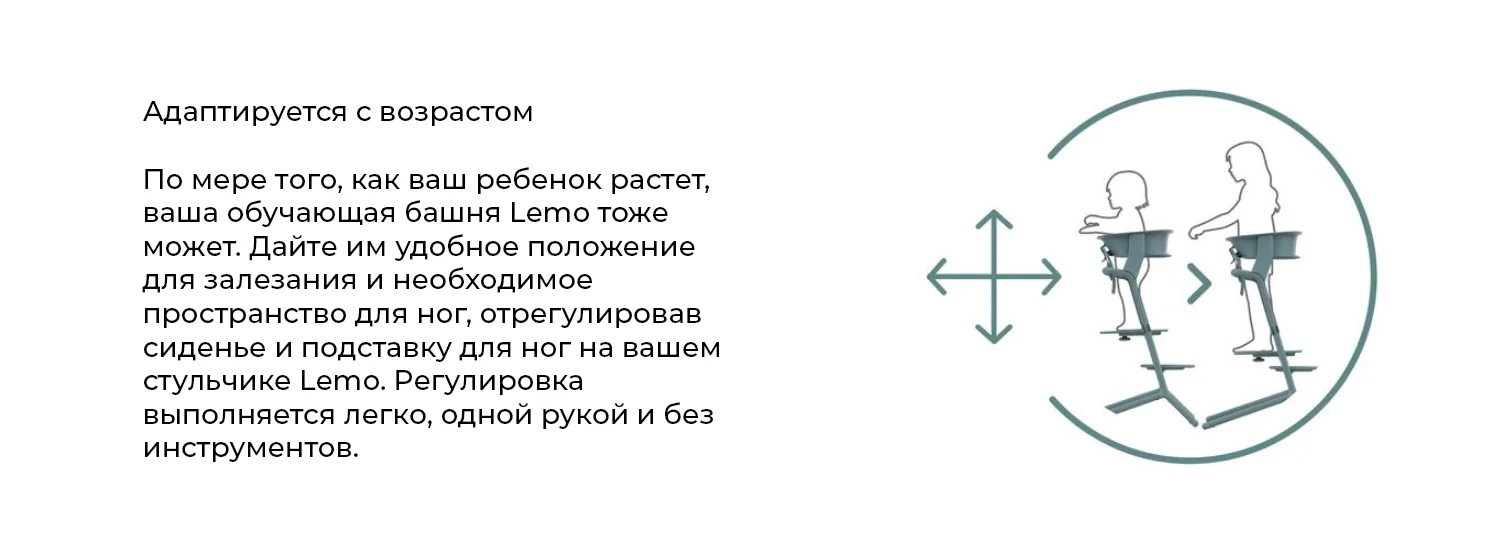 Адаптируется с возрастом. По мере того, как ваш ребенок растет, ваша обучающая башня Lemo тоже может. Дайте им удобное положение для залезания и необходимое пространство для ног, отрегулировав сиденье и подставку для ног на вашем стульчике Lemo. Регулировка выполняется легко, одной рукой и без инструментов.