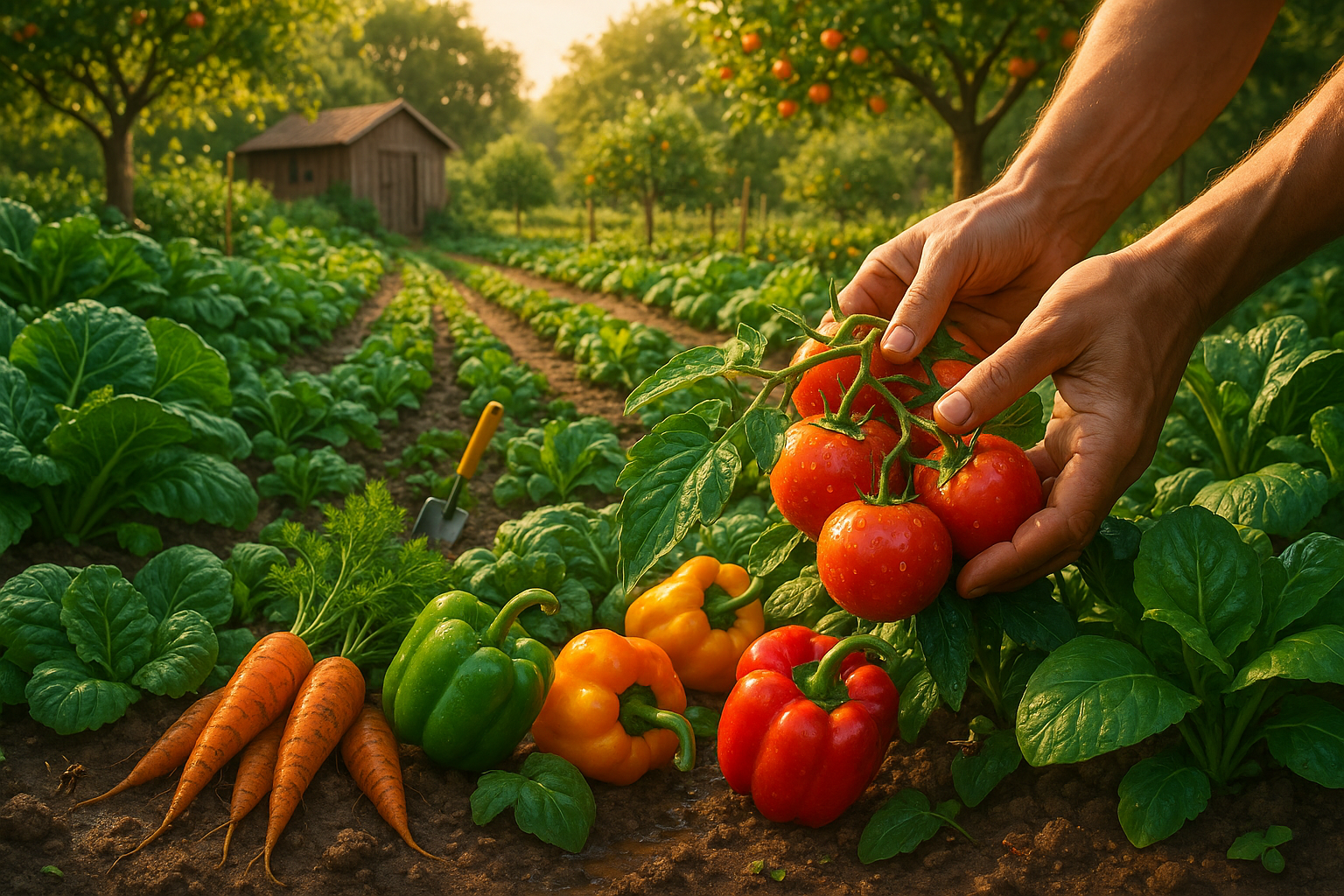Красивый и урожайный огород с зелёными растениями и яркими плодами в солнечный день