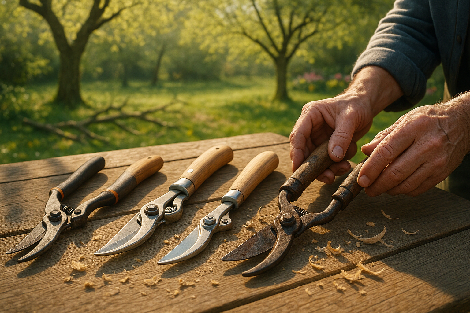 Лучший секатор для обрезки деревьев на фоне зеленых веток и садового инструмента