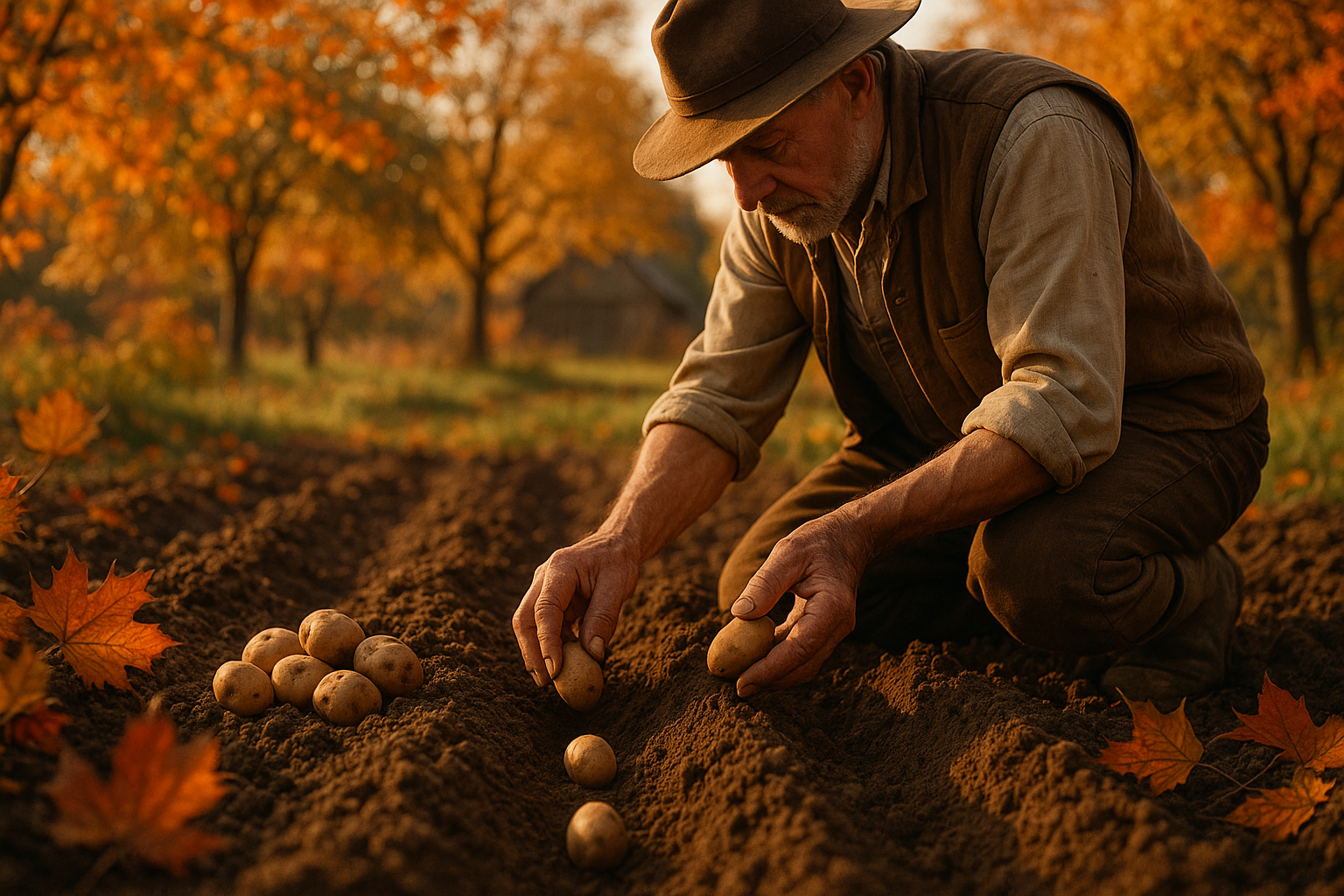 Корнеплоды картофеля, аккуратно высаженные в подготовленную осеннюю почву под мульчей