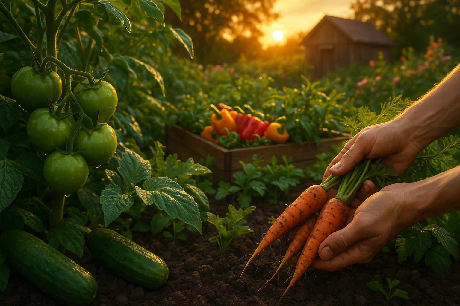 Свежий урожай овощей на грядках огорода при правильном уходе круглый год