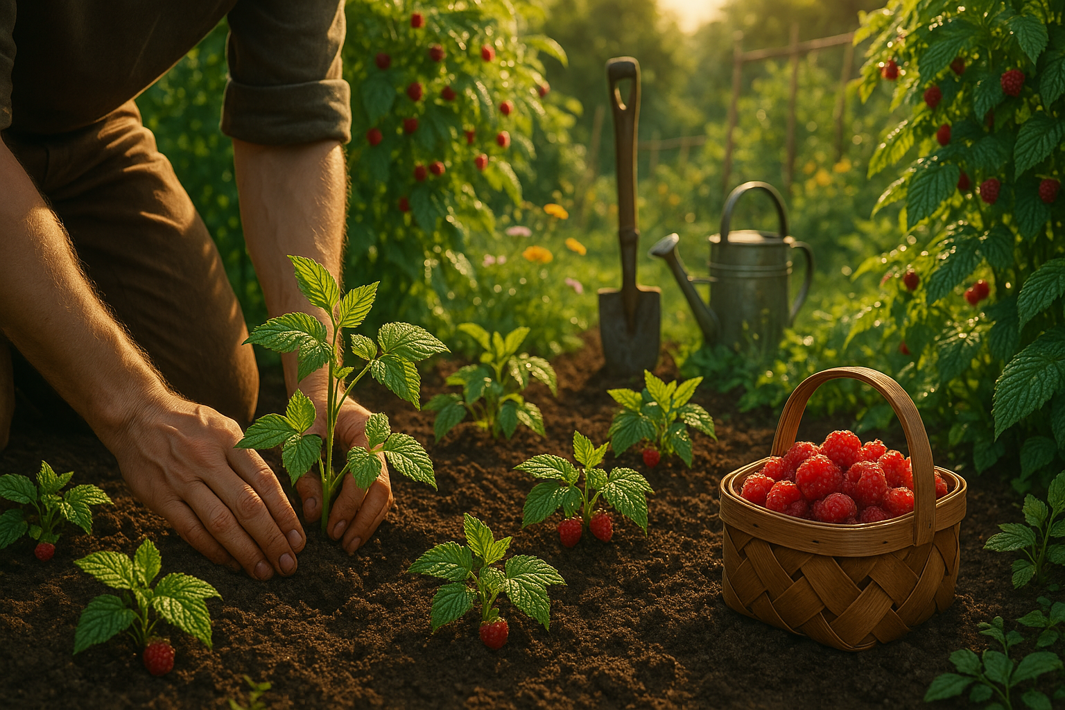 Кусты малины в ряду после посадки: мульча, подвязка и рыхлая плодородная почва