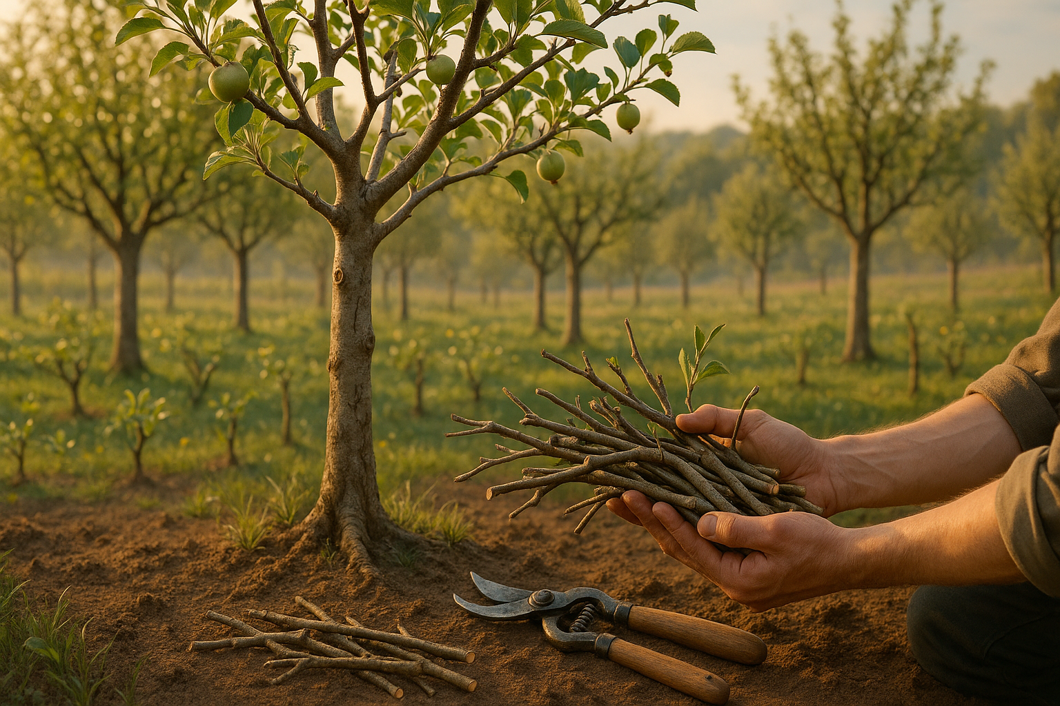 Процесс обрезки старой яблони с использованием секатора и садовой пилы для омоложения и увеличения плодов