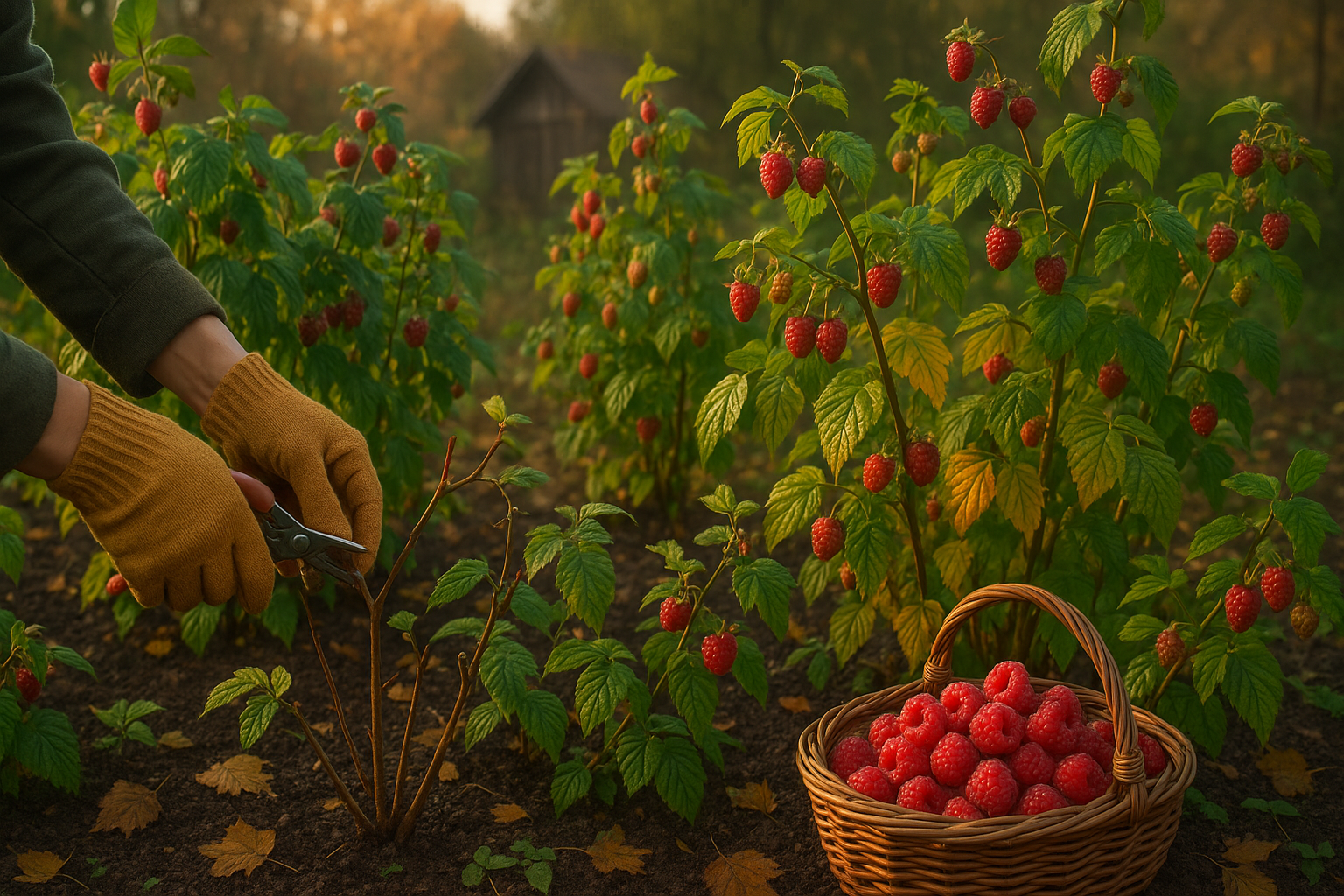 Куст малины осенью подготовленный к зиме с укрытием лапником и мульчей