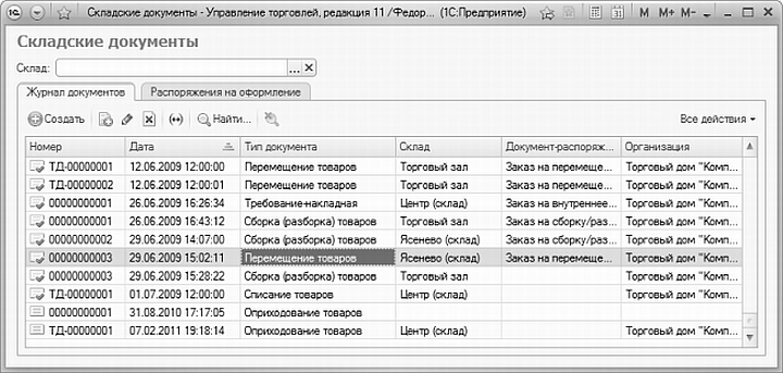 Меню «Складские документы», в котором отражаются внутренние перемещения