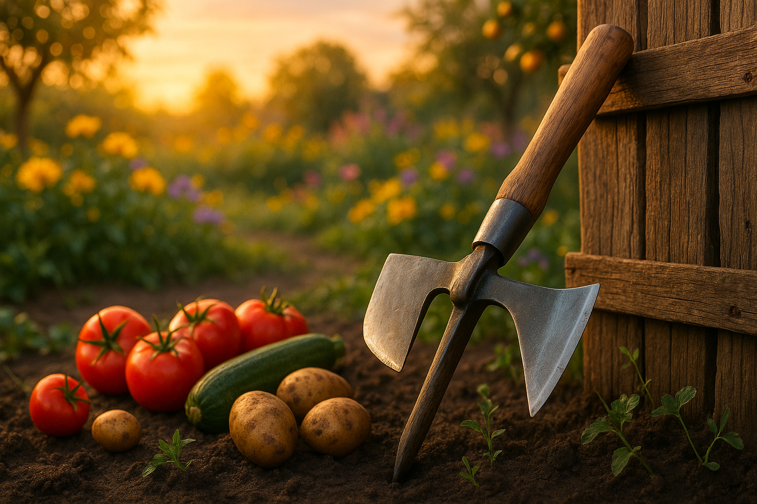 Садовая мотыга в работе с почвой среди других садовых инструментов