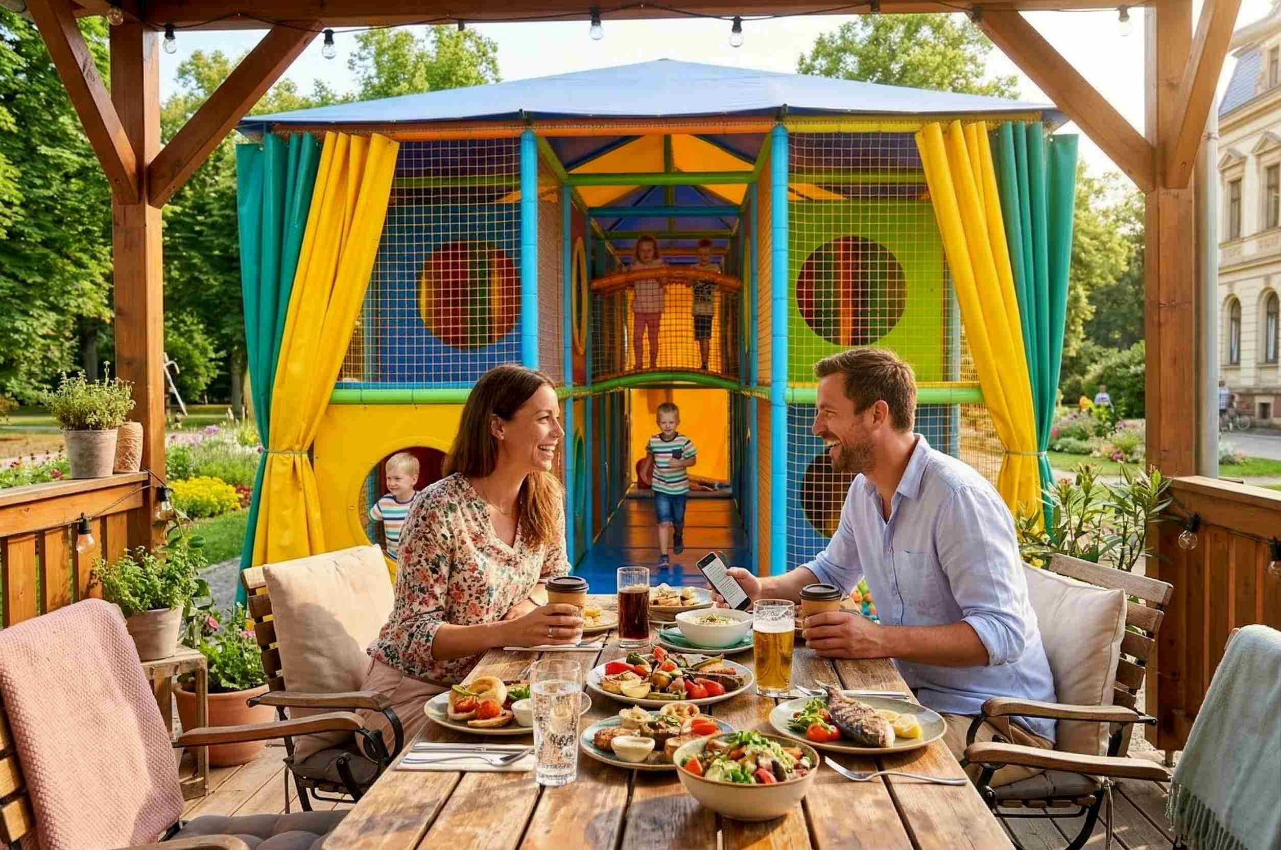 Семья в ресторане рядом с лабиринтом