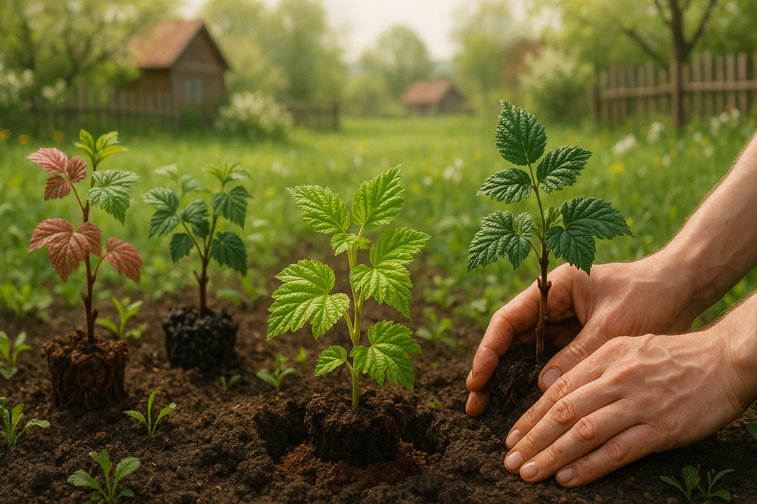 Кусты малины на солнечном участке в Подмосковье весной