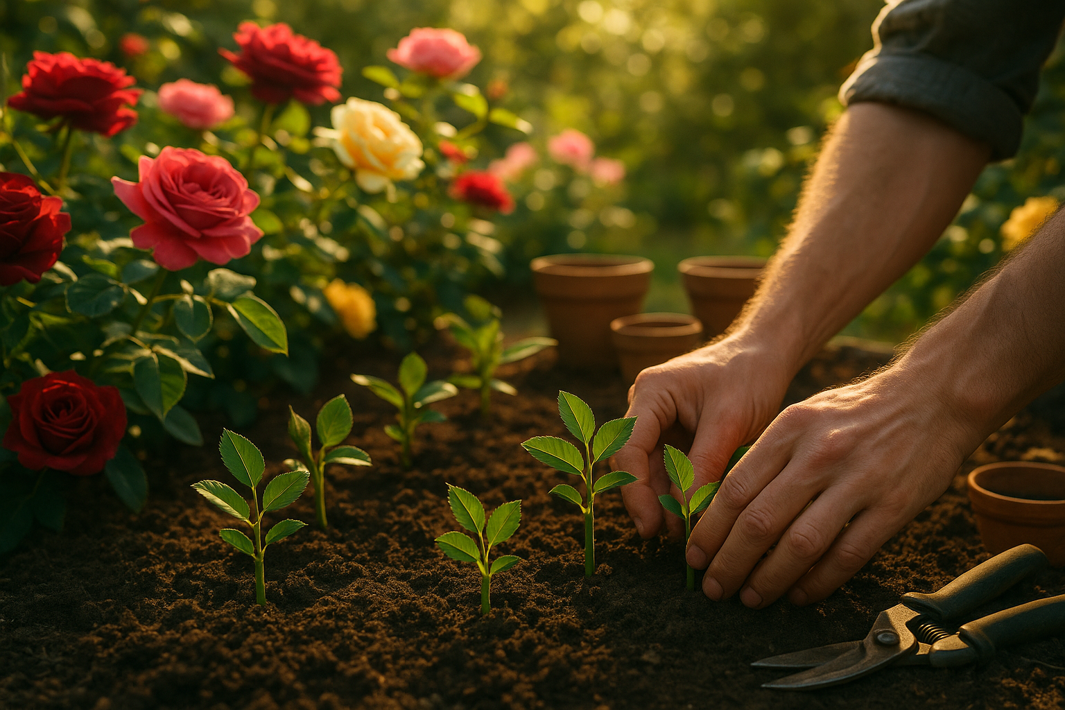 Черенок розы в руках садовода на фоне зеленого куста розы летом