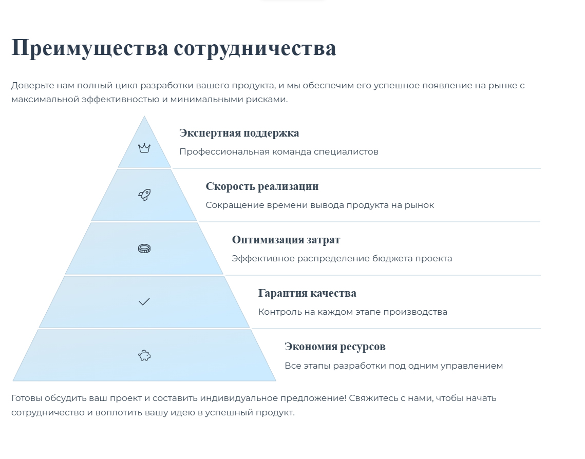 Доверьте нам полный цикл разработки вашего продукта, и мы обеспечим его успешное появление на рынке с максимальной эффективностью и минимальными рисками. Экспертная поддержка. Профессиональная команда специалистов. Скорость реализации. Сокращение времени вывода продукта на рынок. Оптимизация затрат. Эффективное распределение бюджета проекта. Гарантия качества. Контроль на каждом этапе производства. Экономия ресурсов. Все этапы разработки под одним управлением. Готовы обсудить ваш проект и составить индивидуальное предложение! Свяжитесь с нами, чтобы начать сотрудничество и воплотить вашу идею в успешный продукт.
