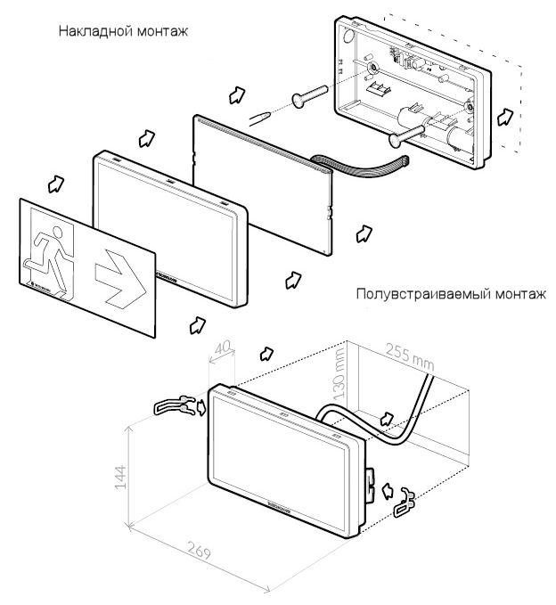 Монтажные размеры светодиодного эвакуационного выхода из здания ONTEC-S-E1