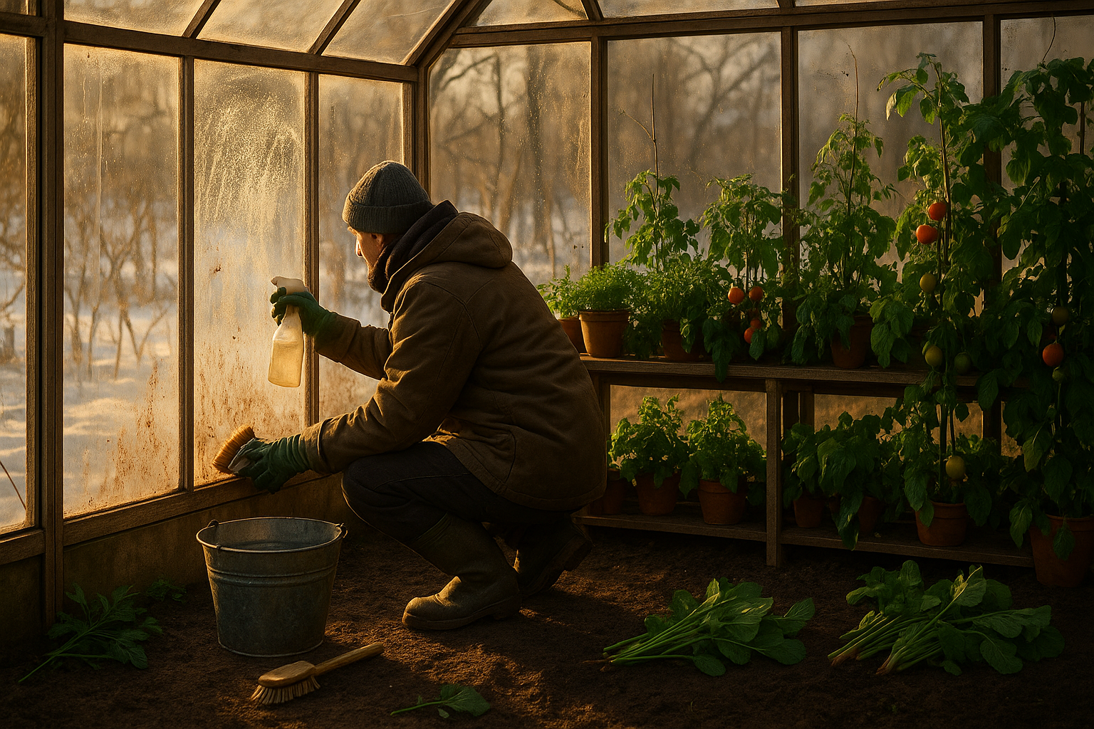 Зимняя теплица с покрытием из поликарбоната, очищенная от снега и утепленная для защиты растений