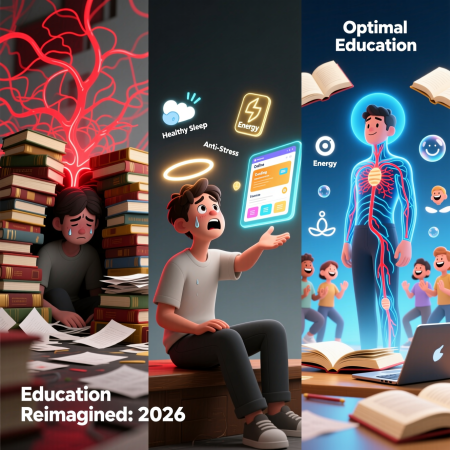 <img src="education-transformation-2026.jpg" alt="Best education 2026 journey from traditional learning overwhelm to online integrated education with meditation practices and community support">