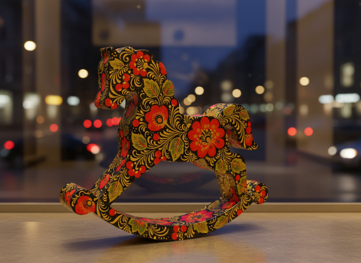 Качалка Лошадь-качалка расписанная под хохлому стоит на витрине магазина