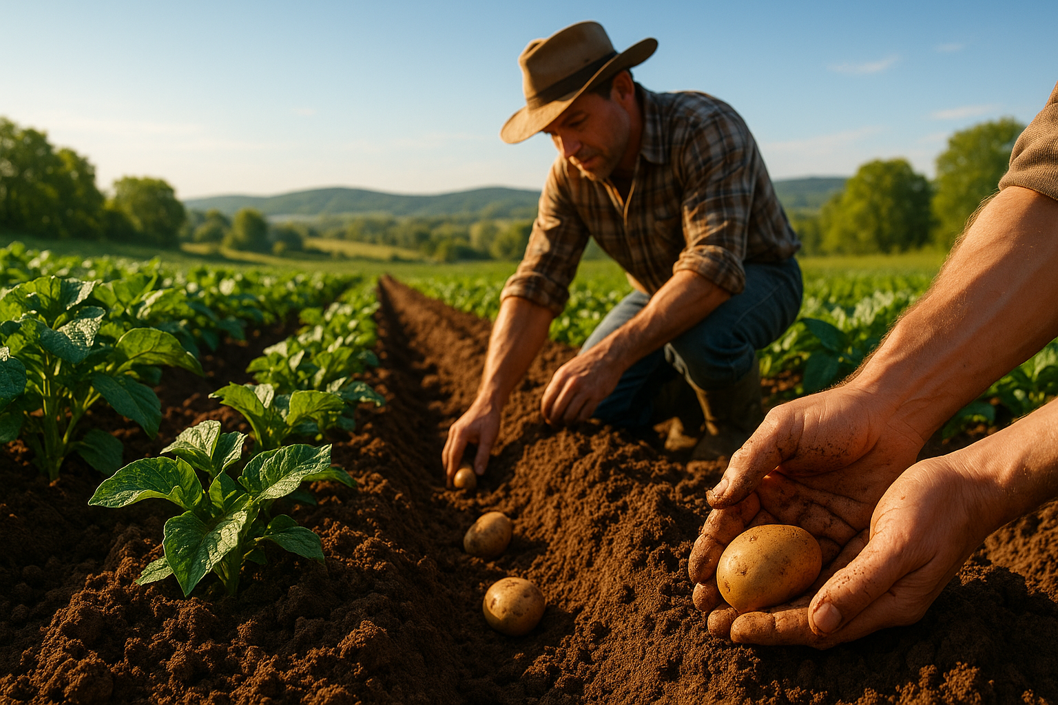 Корнеплоды картофеля, аккуратно высаженные в подготовленную осеннюю почву под мульчей