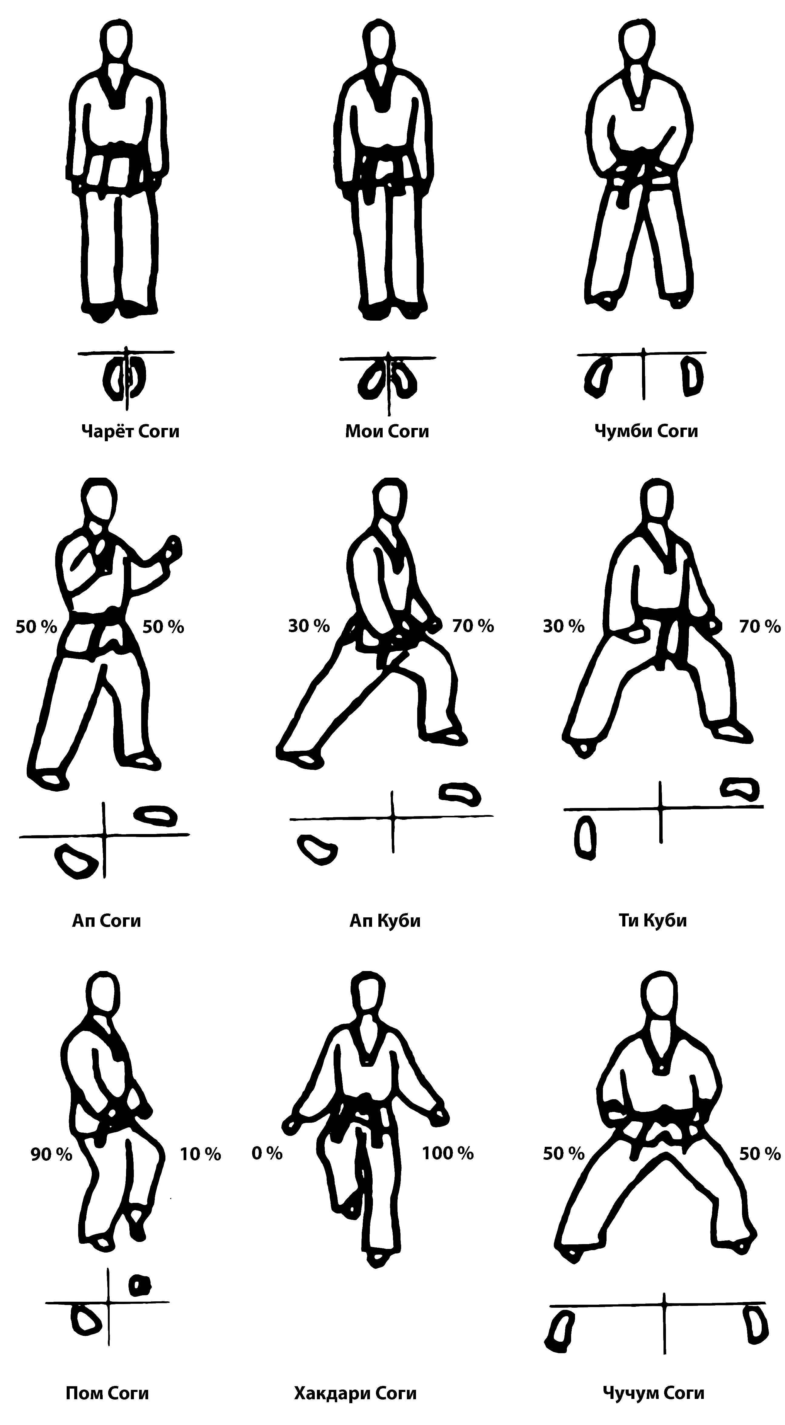 Схемы расположения ног и распределения веса спортсмена тхэквондо