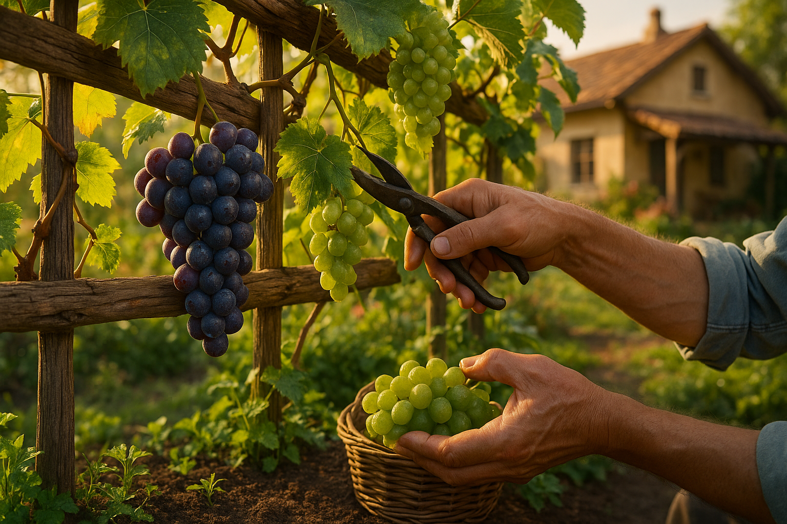 Домашний виноград с гроздьями ягод на фоне листьев