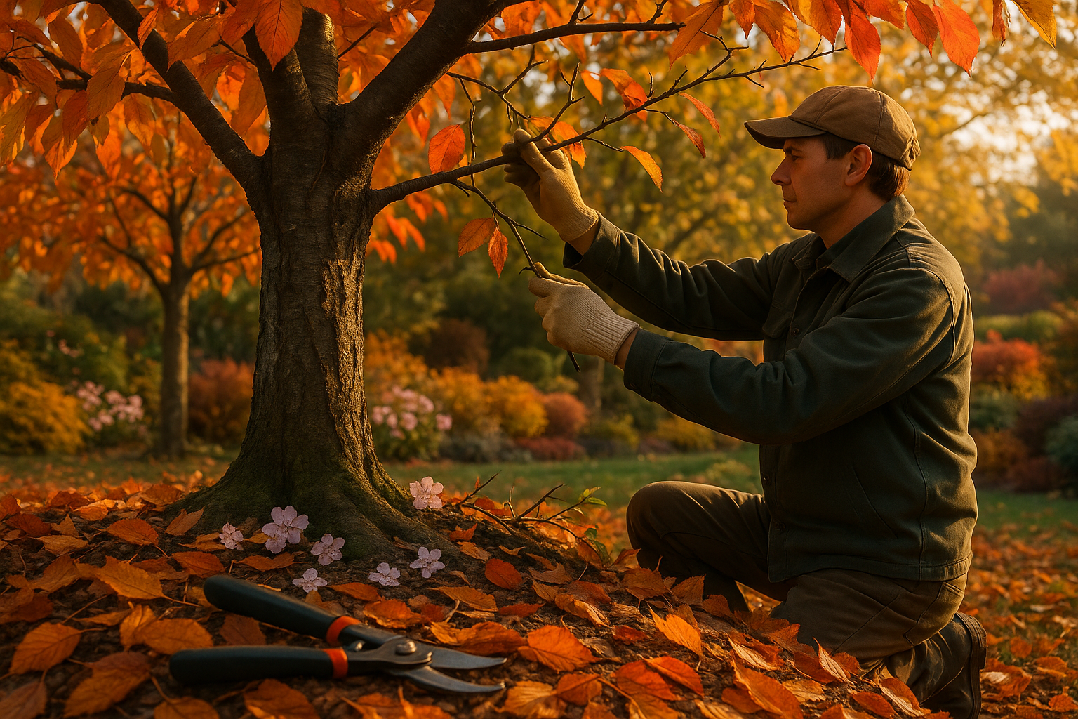 Молодое вишнёвое дерево с правильно сформированной кроной после обрезки