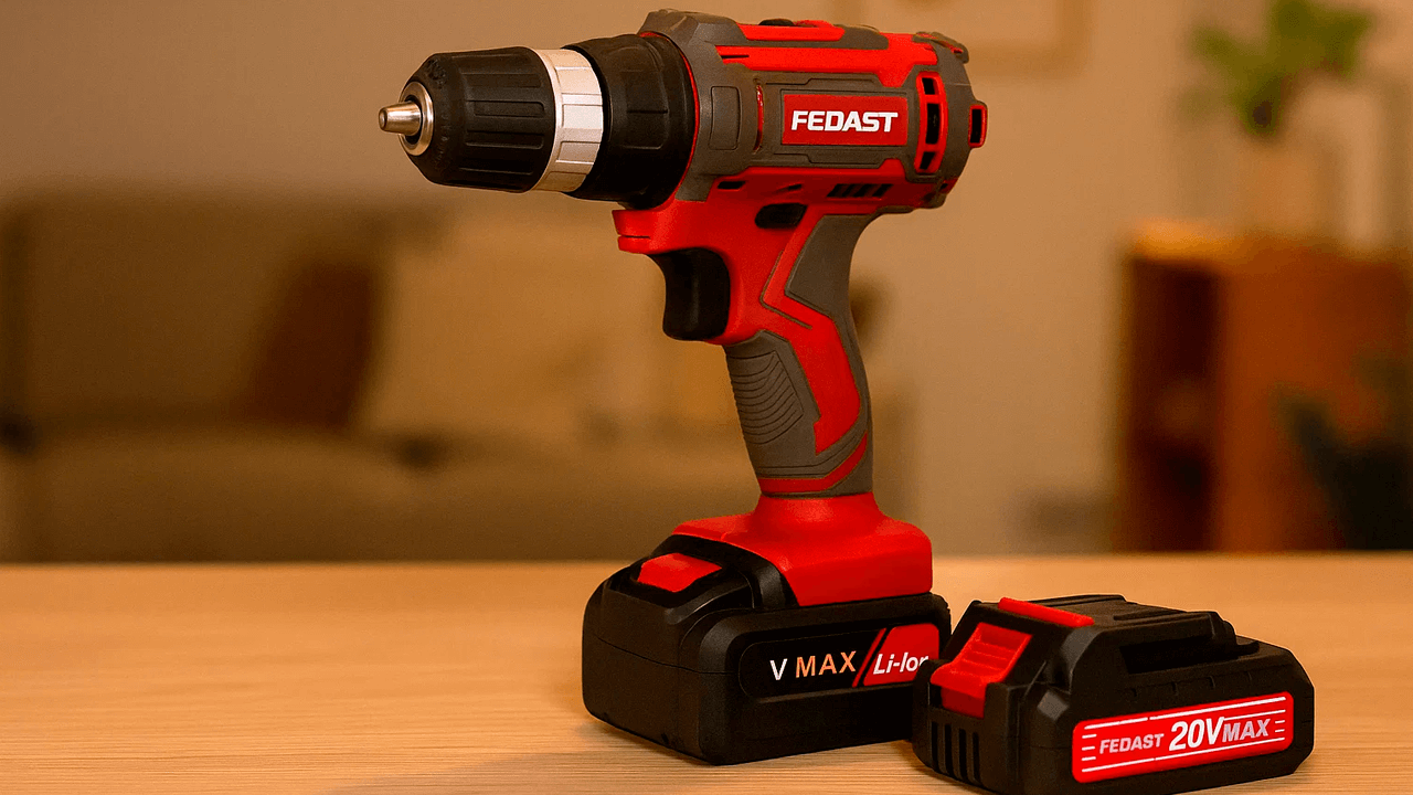 Шуруповерт Fedast стоит на столе Шуруповерт Fedast стоит на столе