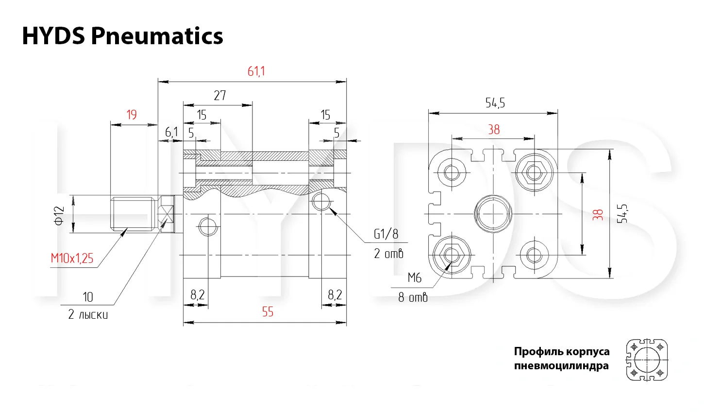 Размеры пневмоцилиндра ADN-40-10-A-P-A