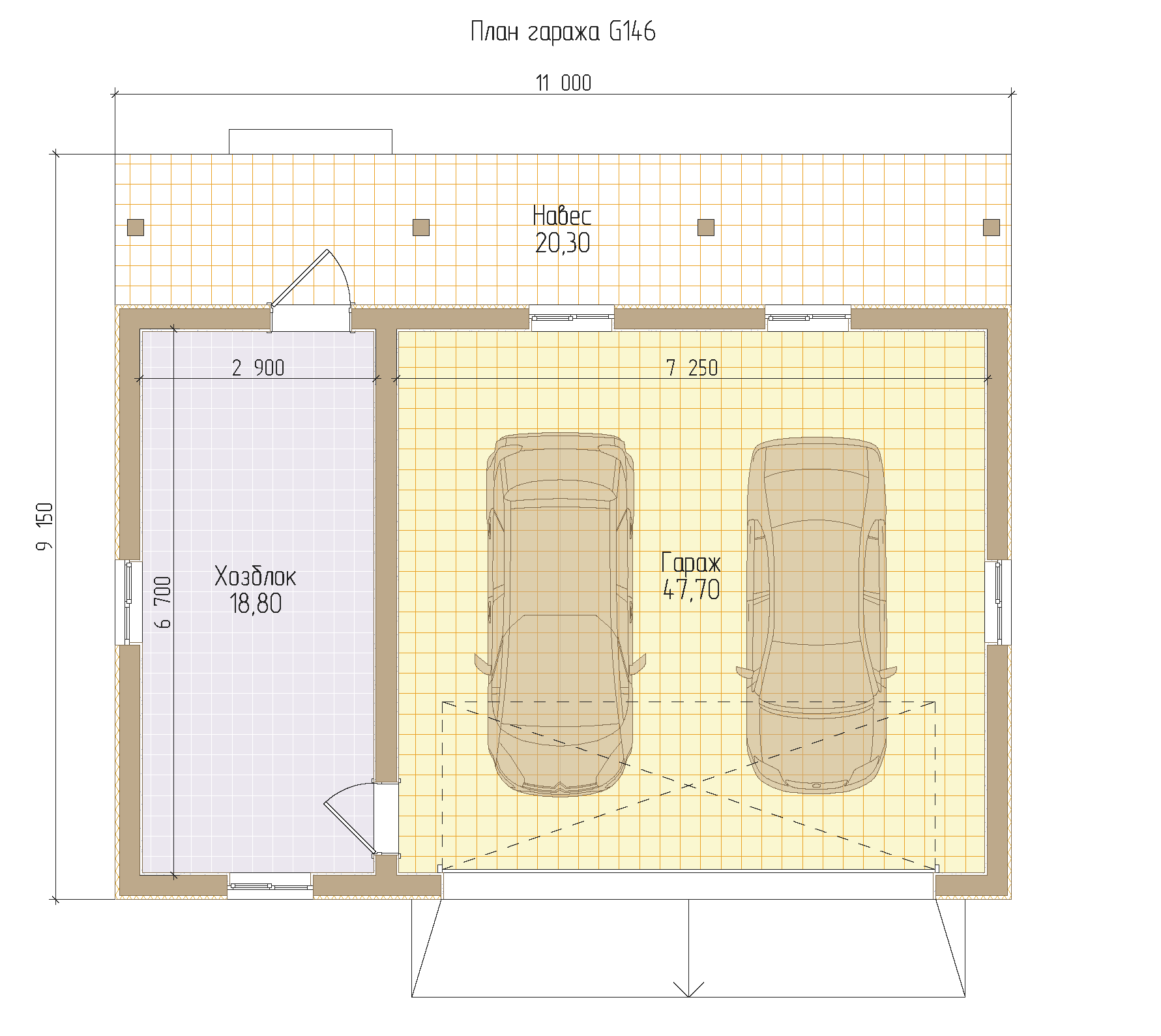 Проект гаража на 2 машины с террасой G146