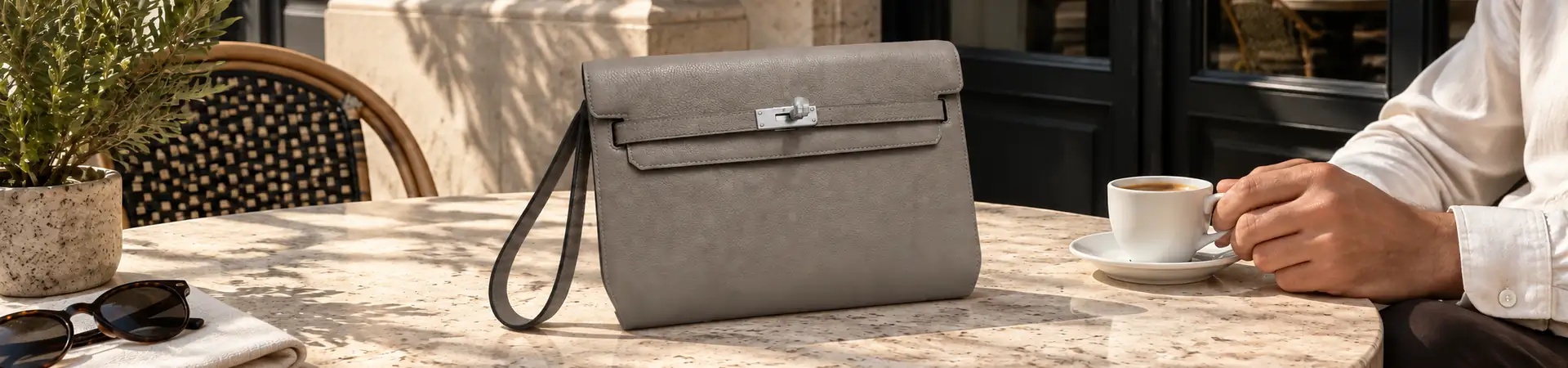 Рюкзак серо-коричневый от Hermès Hac a Dos BP5-035098 в lifestyle-сцене к статье «Кофе в одной руке, телефон в другой: сумка для дня на ногах»