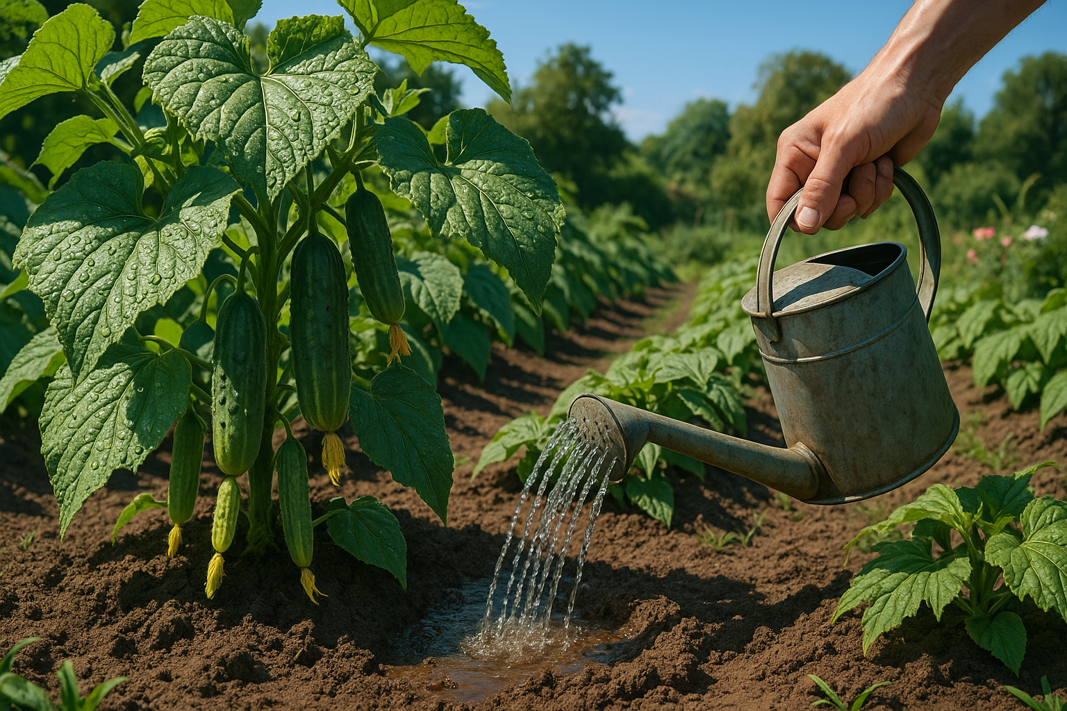 Полив огурцов теплой водой утром для хорошего урожая