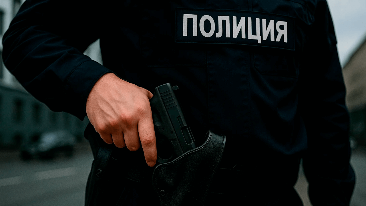 Полицейский достает пистолет из кобуры
