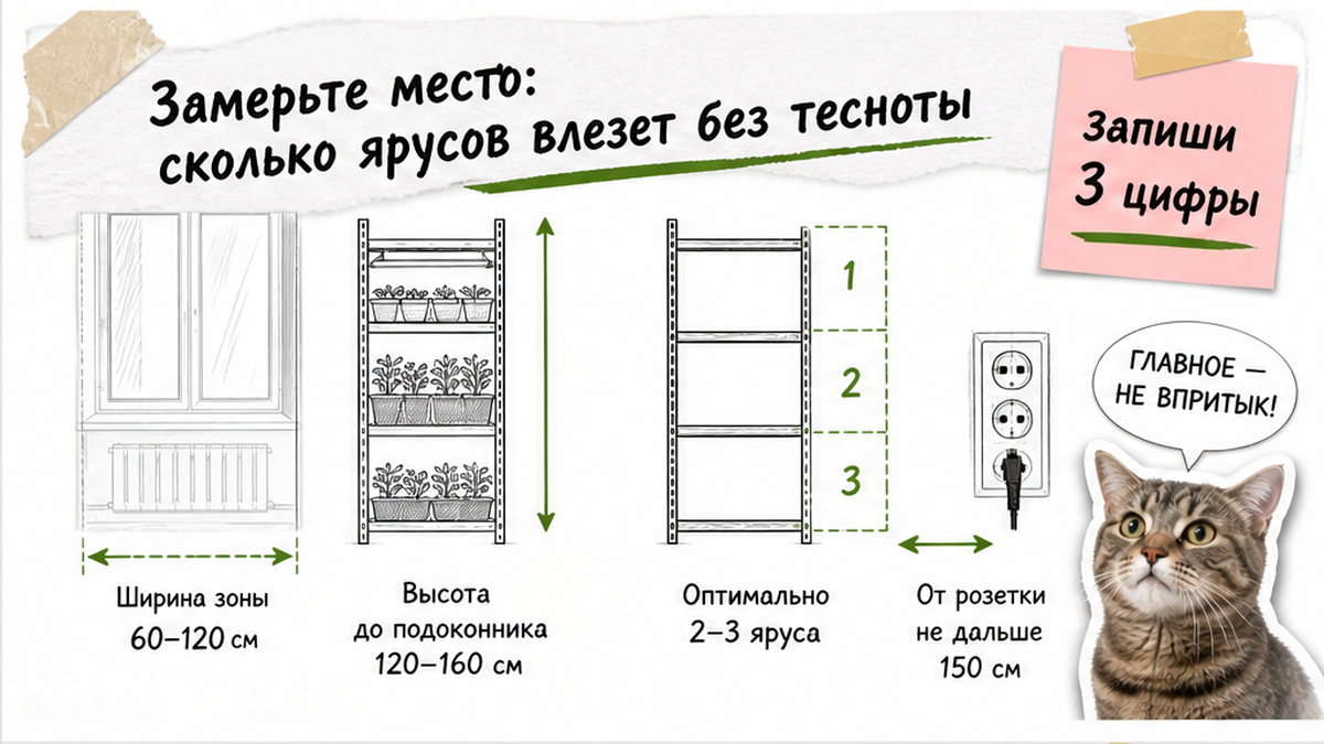 Инфографика замеров подоконника: ширина, высота, число ярусов 2-3, межполочье 40-60 см
