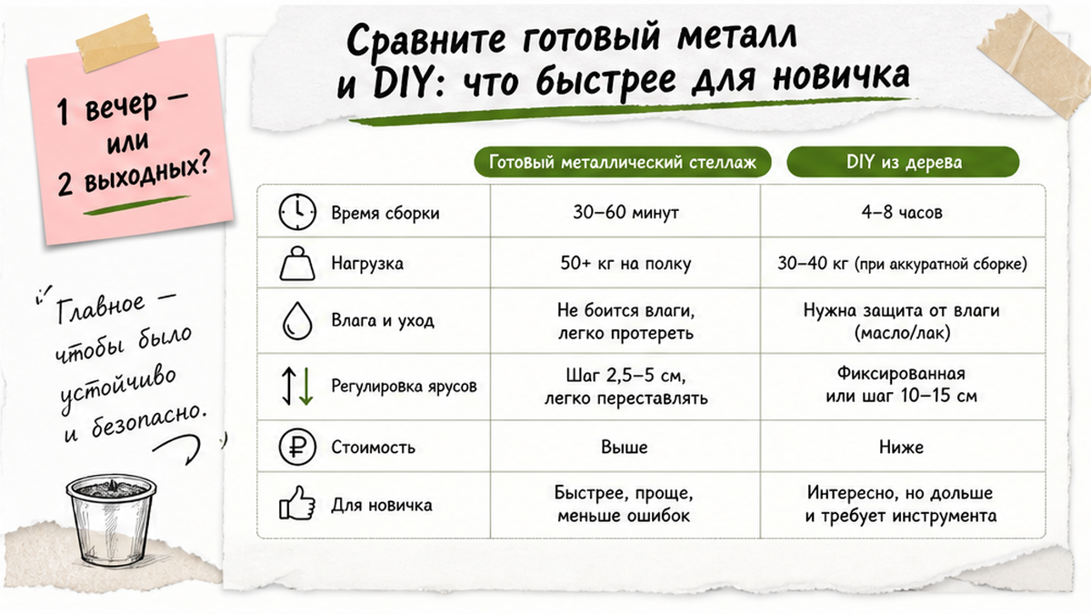 Сравнение готового металлического стеллажа и DIY: время, нагрузка, влага, регулировка