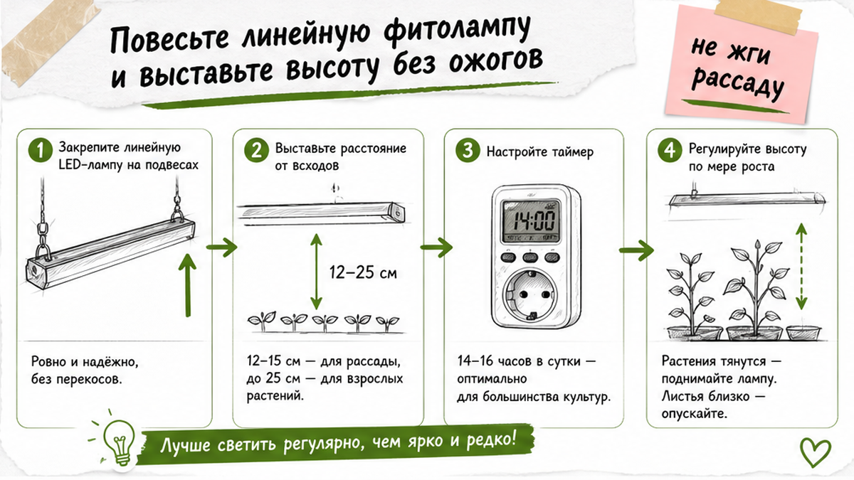 Схема монтажа фитолампы: подвесы, расстояние 12-25 см, таймер 14-16 часов