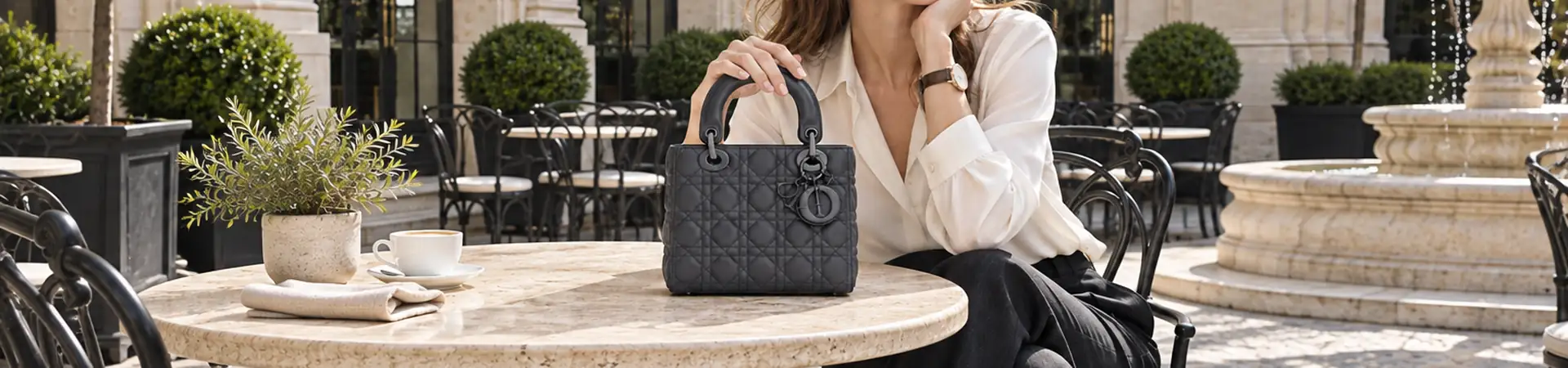 Сумка с ручками тёмно-серая от Dior Lady Dior BP5-409491 в lifestyle-сцене к статье «Lady Dior: как у сумки появилось имя»