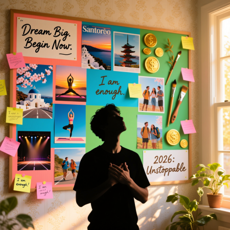 <img src="vision-board-2026-goals-dreams.jpg" alt="Colorful vision board for 2026 goals with images of success health travel relationships and prosperity">