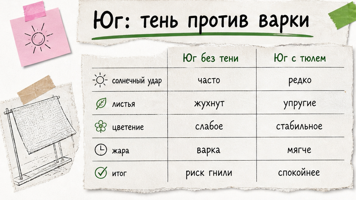 Таблица: южное окно без тени против притенения для фиалки