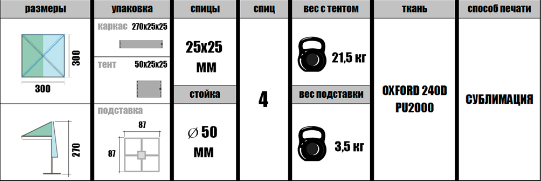 Уличный зонт для кафе Митек 3х3 (4 спицы), квадратный