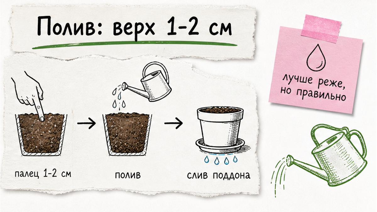 Схема летнего полива фиалки: верх 1-2 см и слив поддона