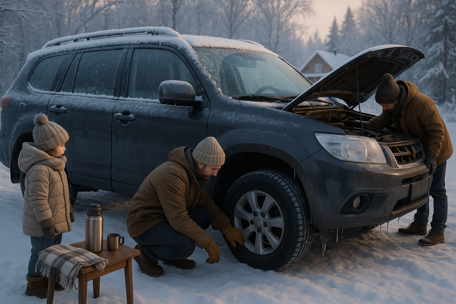 Подготовленный автомобиль к зимней поездке на дачу с зимними шинами и необходимым оборудованием