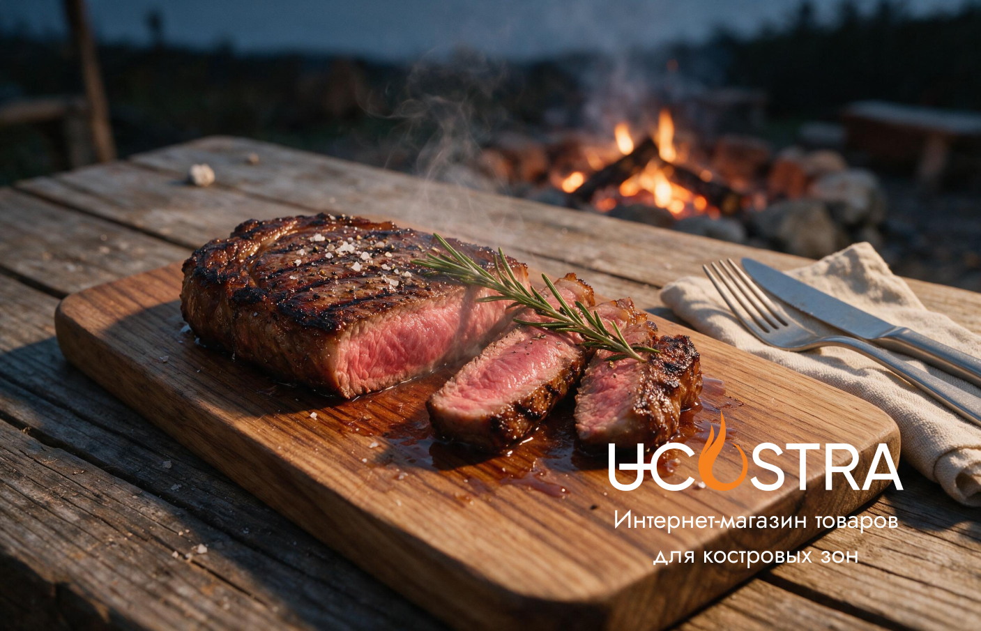 Готовый стейк с прожаркой Medium Rare, поданный на ужин у костровой зоны