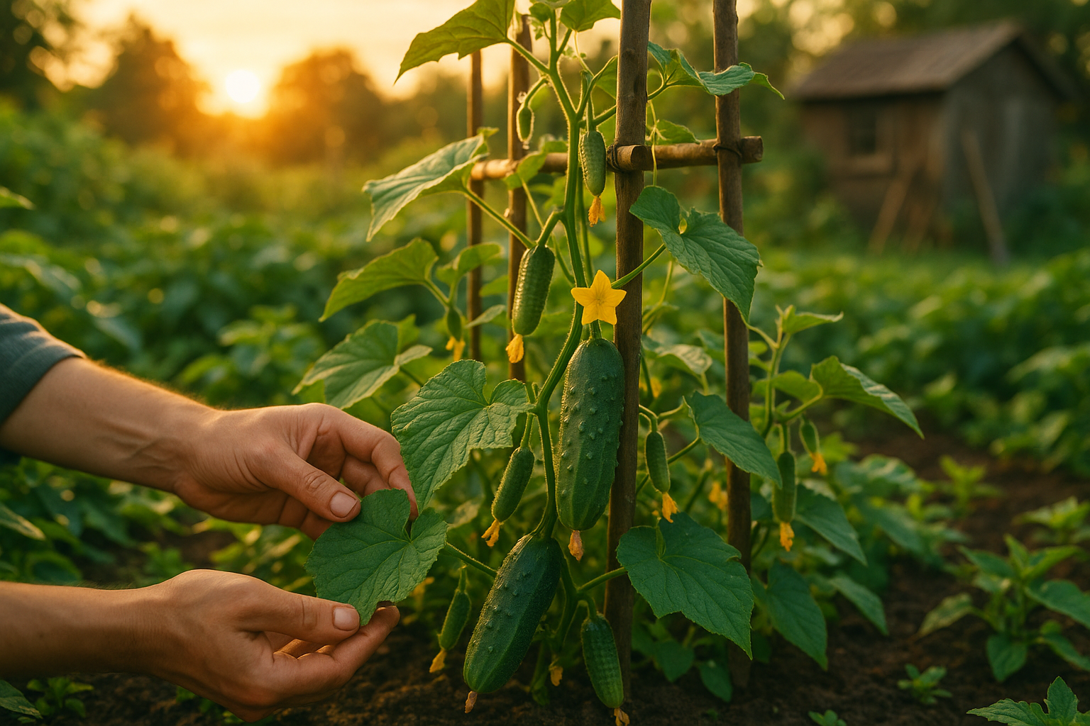 Огурцы на грядке в открытом грунте