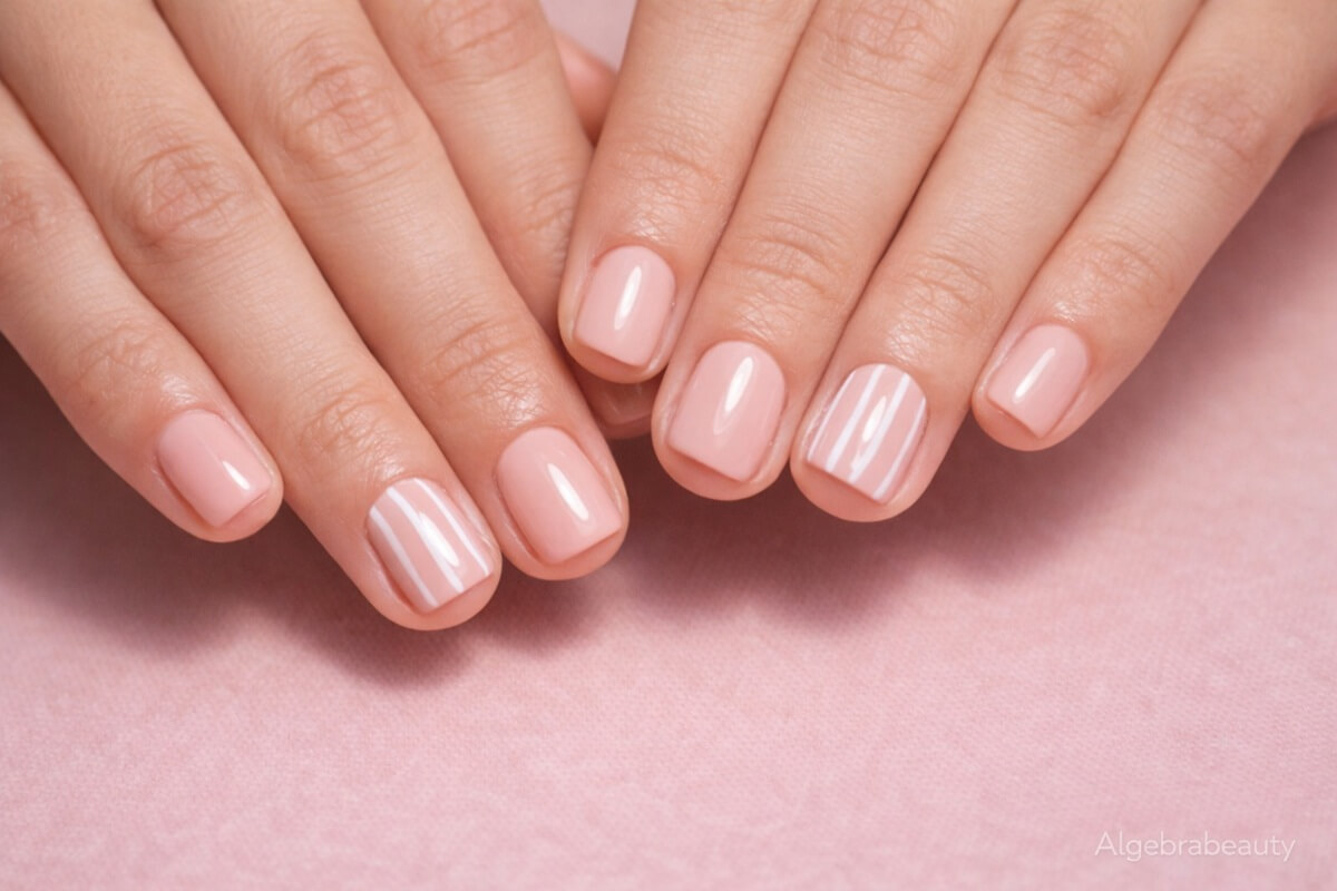 Нежно-розовый маникюр на коротких ногтях с белыми полосками на акцентных пальцах
