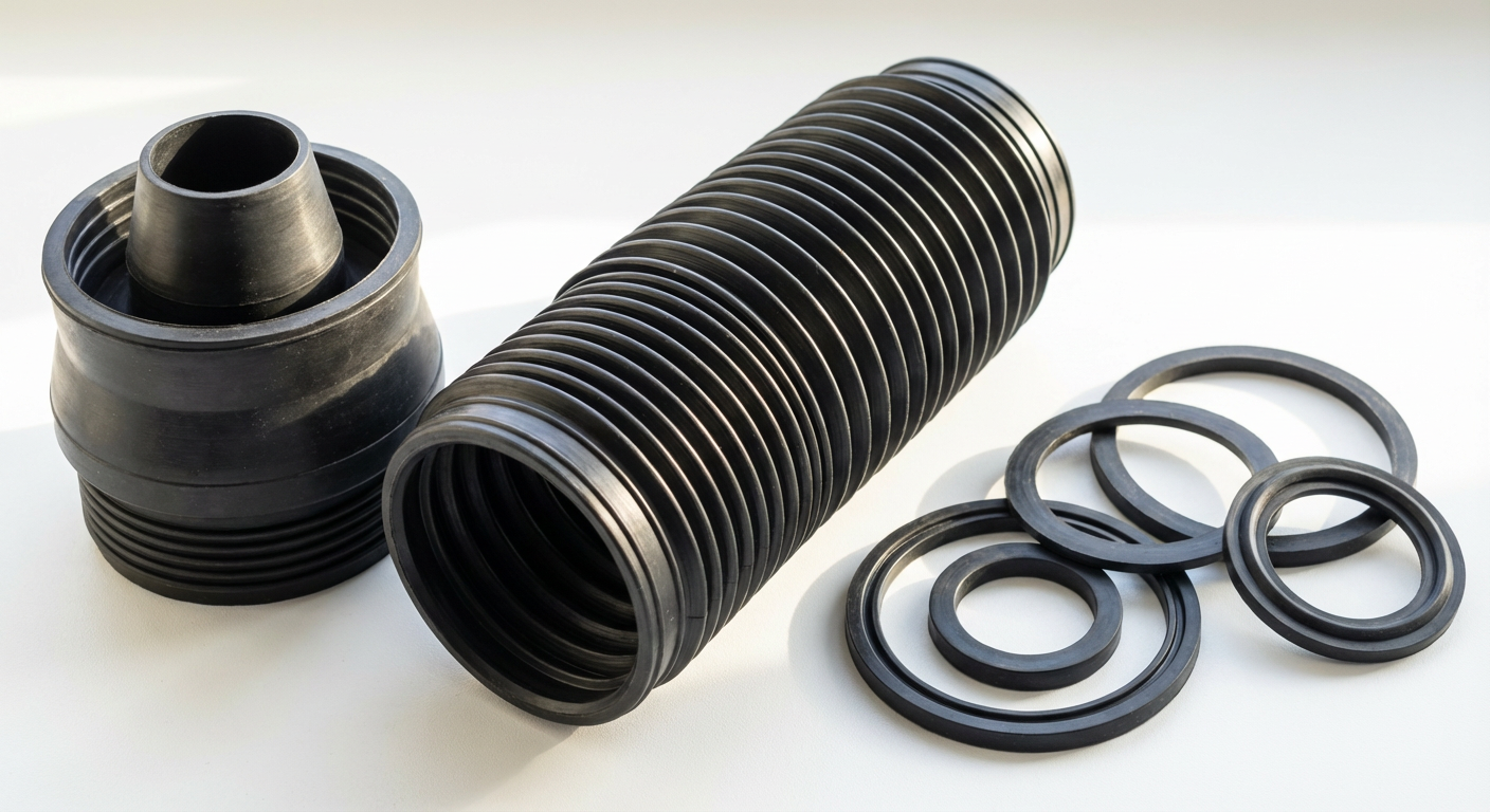 Детальное фото гофры в разобранном виде с указанием трех основных частей: манжеты, гармошки и уплотнительных колец