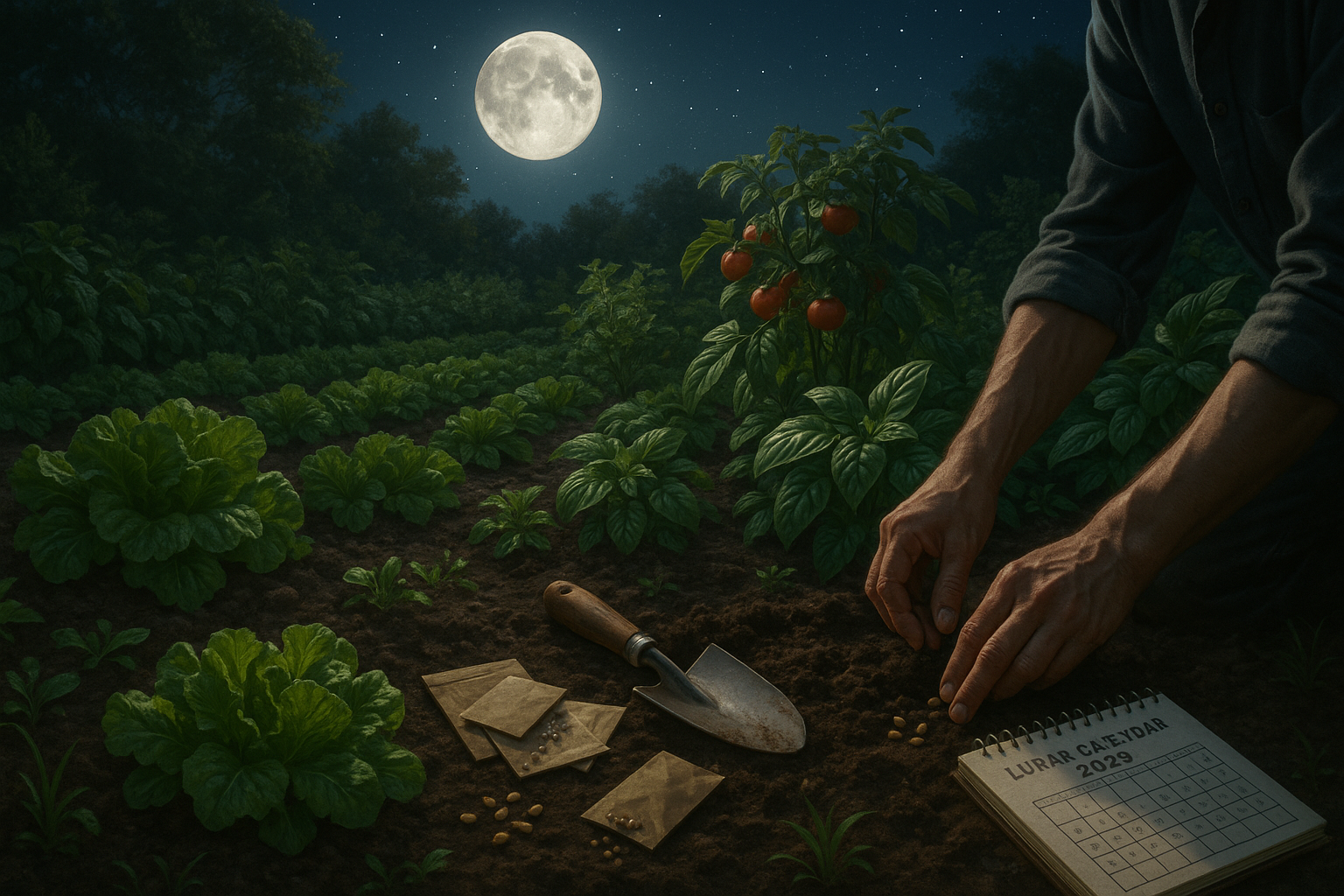Лунный календарь садовода и огородника 2025 с изображением фаз Луны и графиком посадок