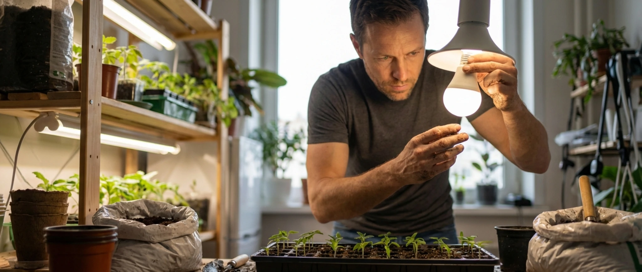 Светодиодная фитолампа Е27 полного спектра с белым свечением над горшком с зеленой рассадой томатов