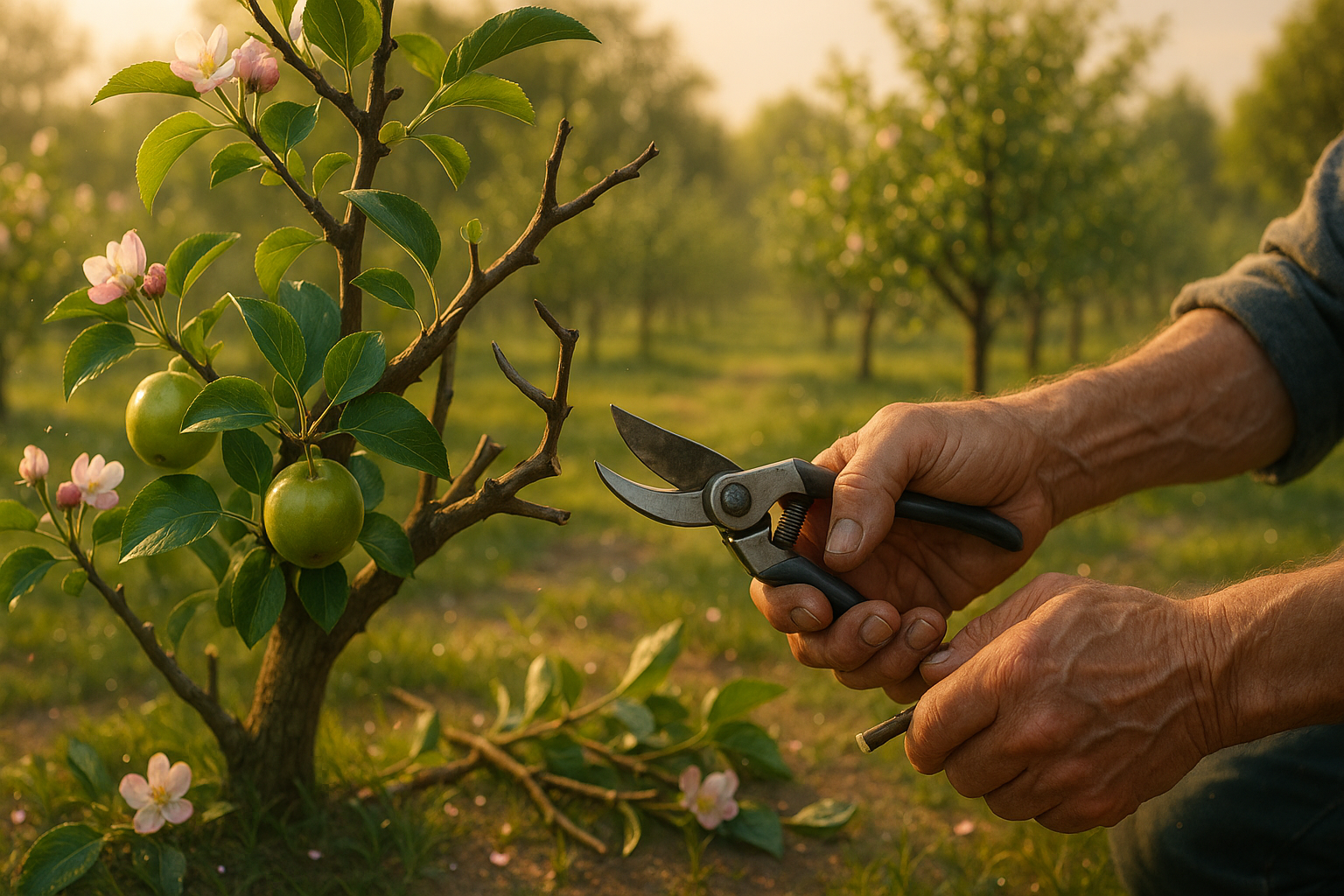 Омолаживающая обрезка старой яблони с инструментами в саду для восстановления кроны
