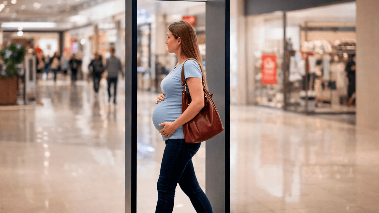 Беременная девушка проходит через металлодетектор