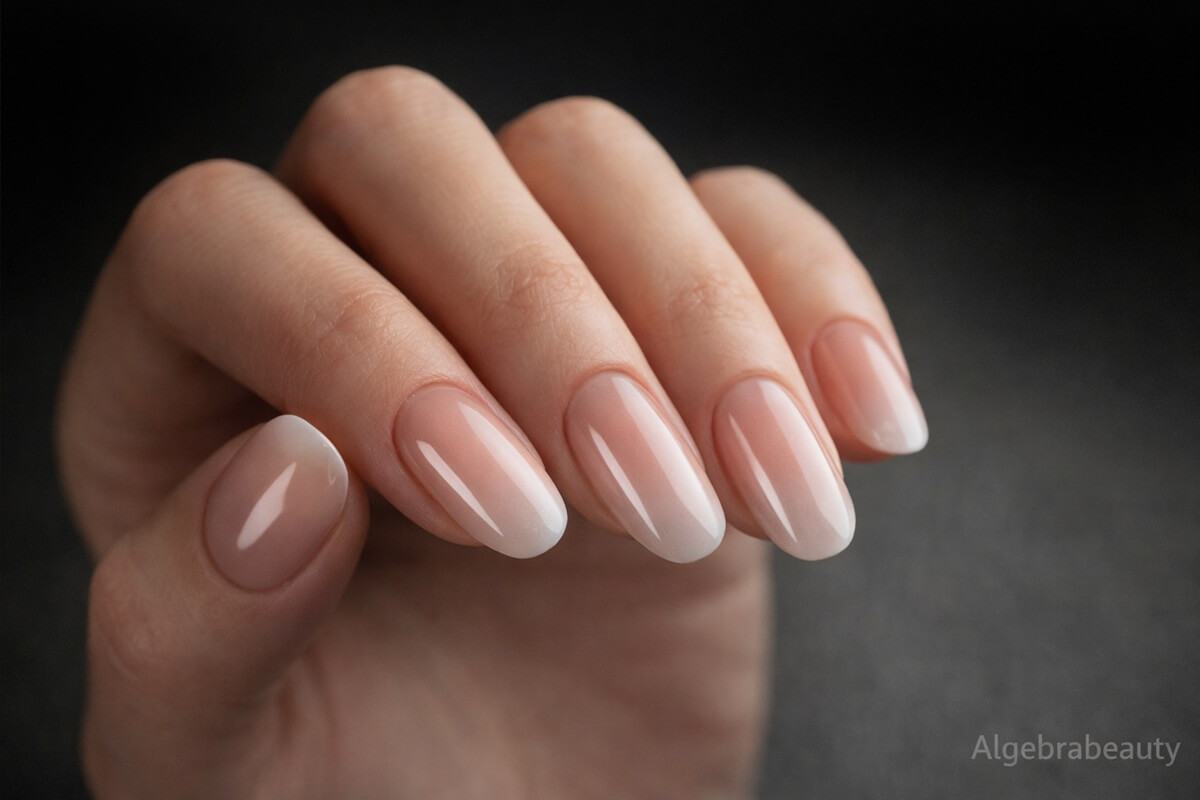 Молочный градиент на овальных ногтях крупным планом на темном фоне