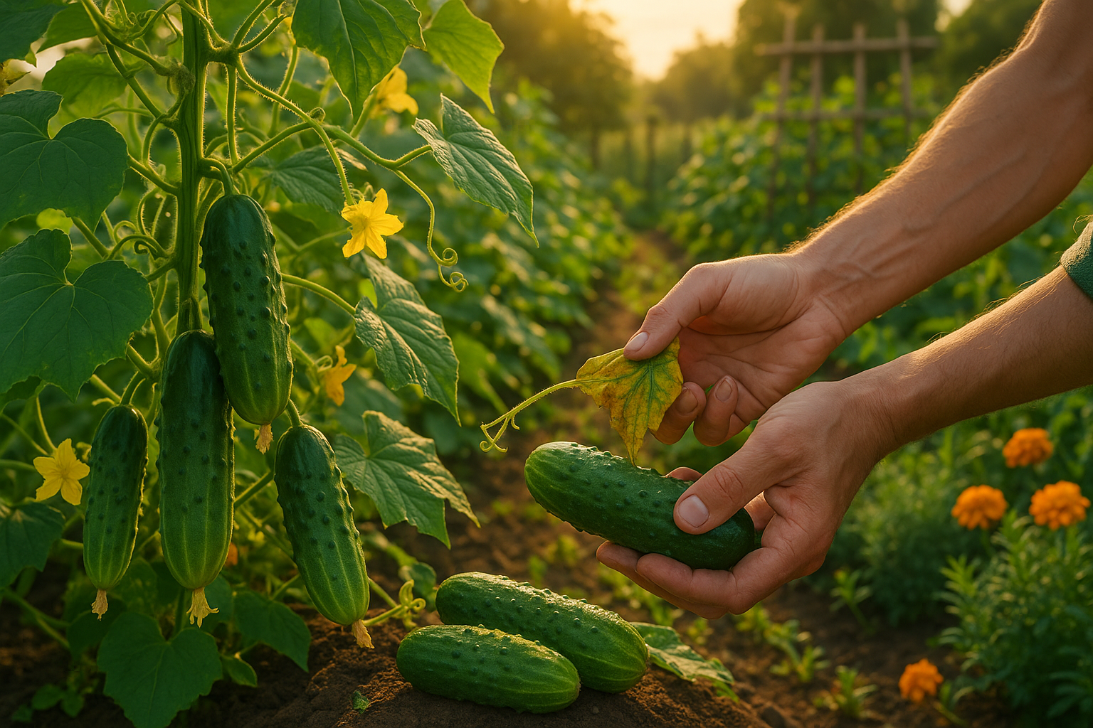 Домашние огурцы на подоконнике в горшке с зеленой листвой и завязями плодов