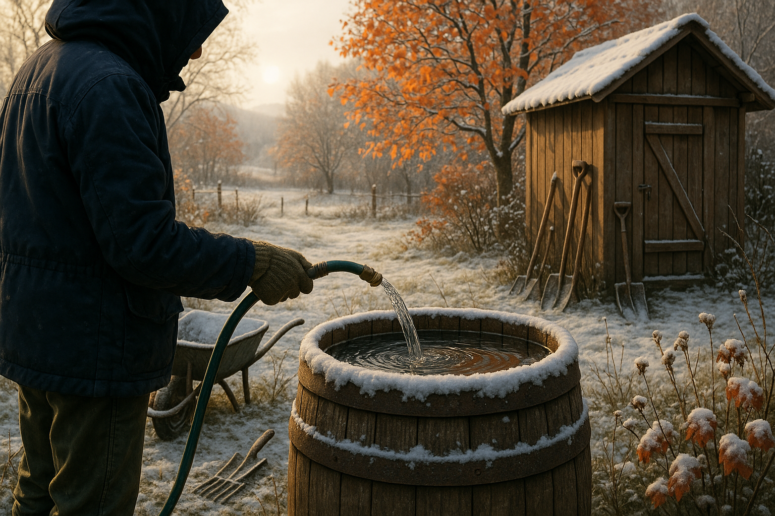 Схема слива воды с дачного водопровода зимой с открытыми кранами, сливными кранами и подключением компрессора