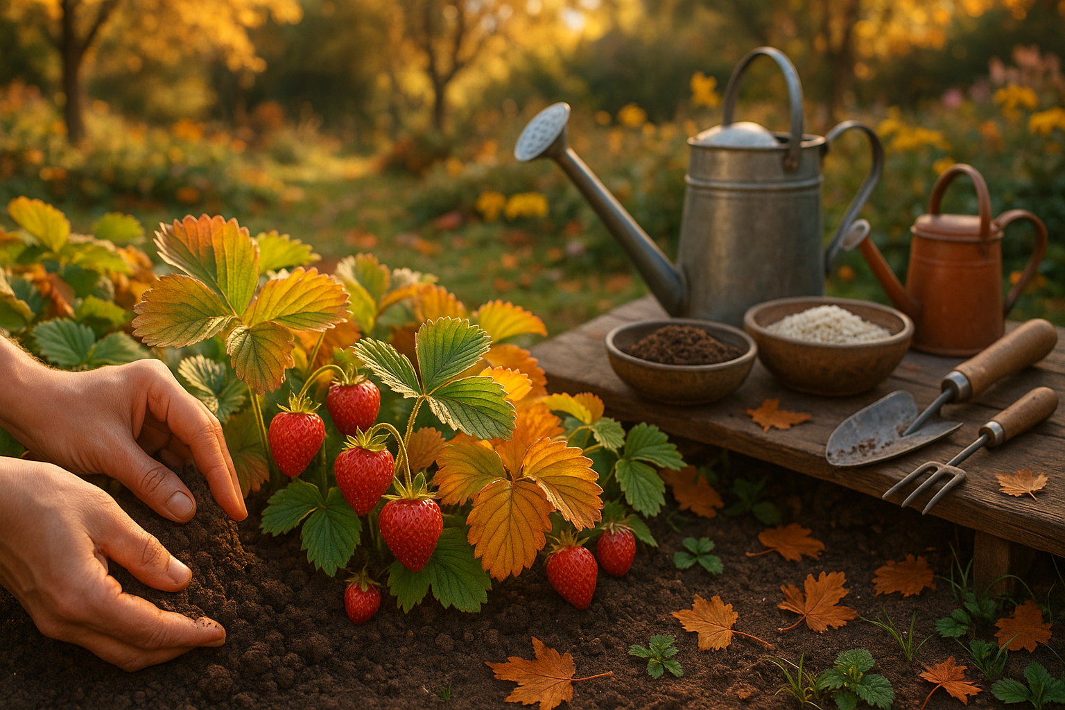 Куст клубники осенью после подкормки и обрезки, подготовка к зиме