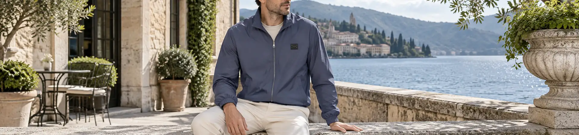 Ветровка серо-синяя с тёмно-синей обратной стороной от Dolce & Gabbana BP5-649630 в lifestyle-сцене к статье «Перевернуть ветровку и оставить остальное: маленький опыт с цветом»